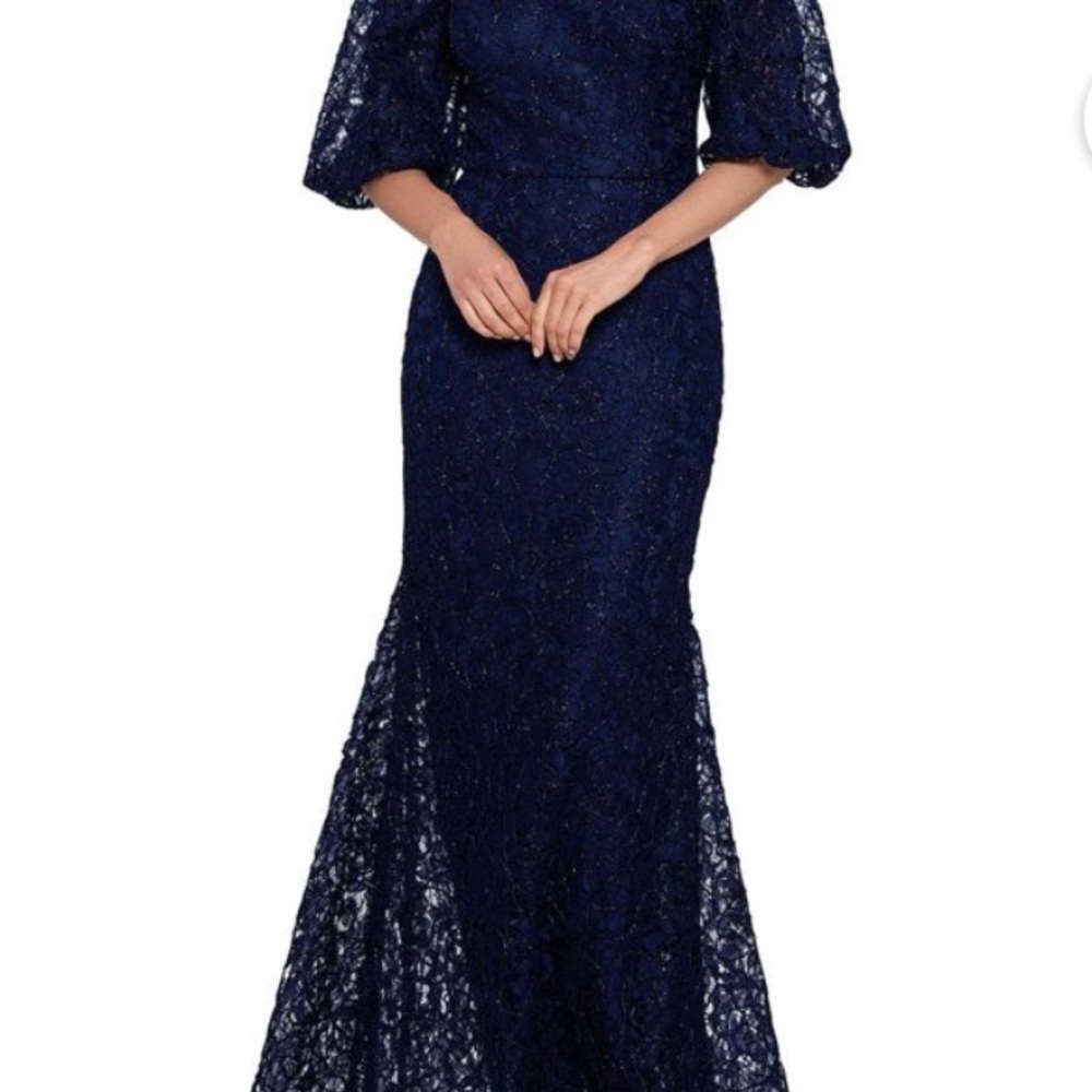 Elegant Xscape Navy Off-Shoulder Lace Gown NWT